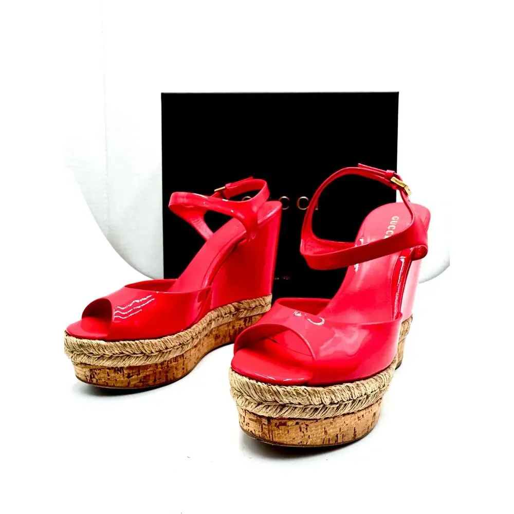 Gucci Holie Coral Red Patent Leather Platform Wedge Sandals Size EU 37